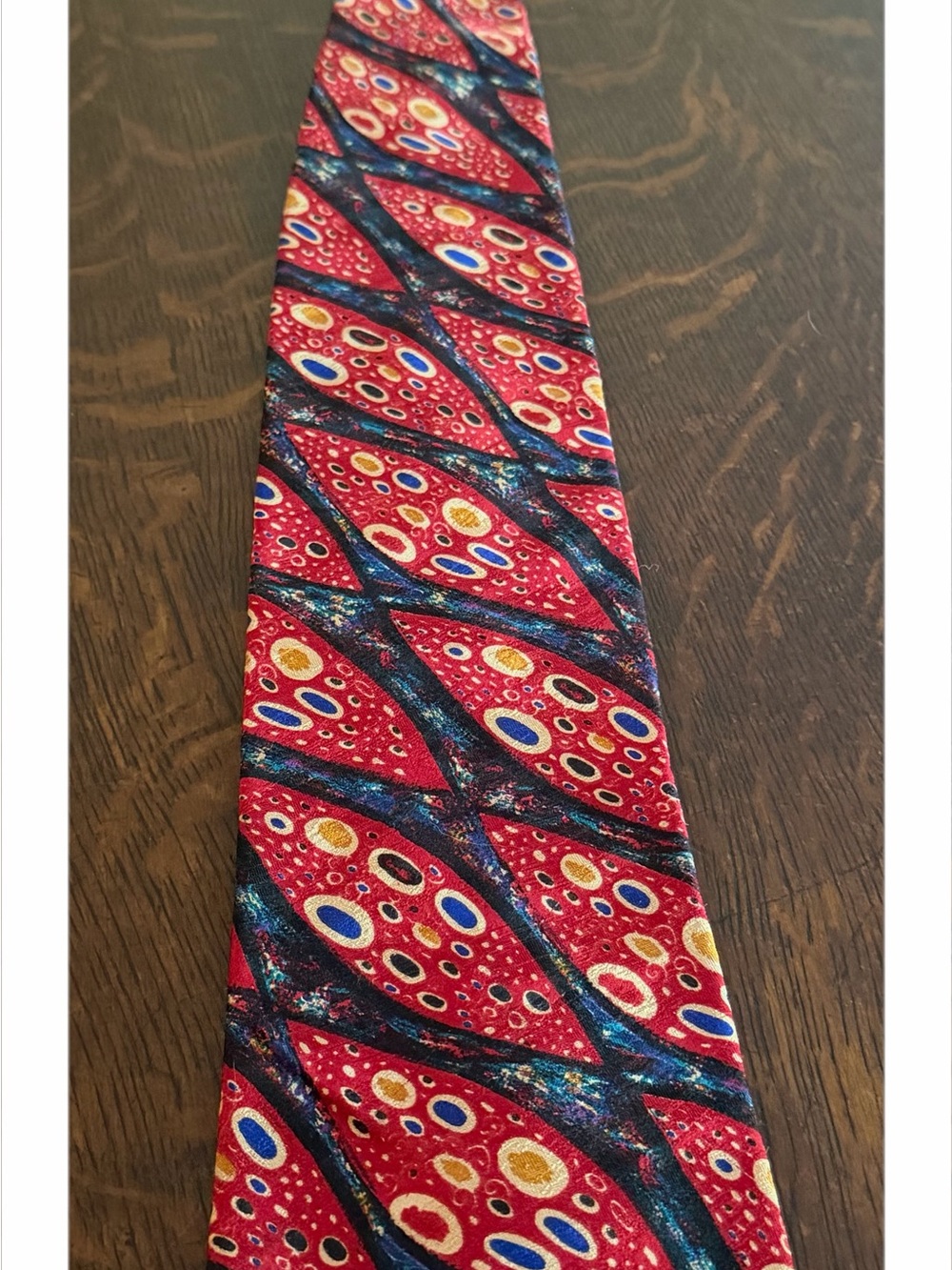 Marcial Mancillas Men's Red Blue Gold Geometric Silk Pointed Woven Tie